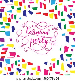 Card design element with lettering "Carnival party" and flourishes. Vector illustration on mosaic background.