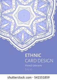 Card design with ethnic decorative element. For yoga posterrs, boho wedding invitations. Hand drawn vector.