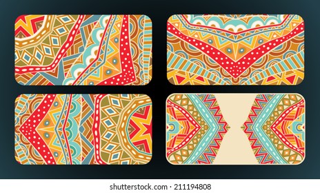 Card design with ethnic pattern set. Abstract bright tribal patterns for business or gift cards. Print design for banner, badges, labels, tags. Vector file is EPS8, all elements are grouped by colors.