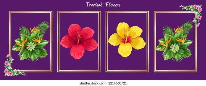 Card design with exotic tropical leaves and Hibiscus flowers. Invitations, posters, cover templates, geometric and floral frames on eggplant color background. Vector Design