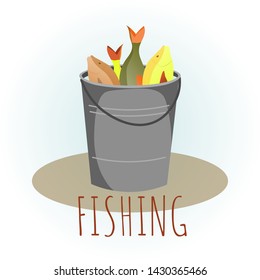 Card design for fishing with bucket of fish. Vector illustration for poster, card.