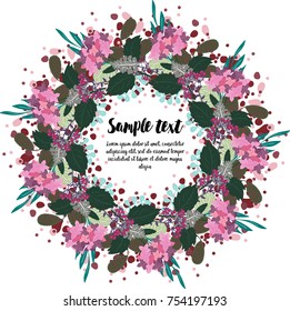 Card design of card with floral wreath. For invitation card, stickers, greeting. Design for Happy Thanksgiving, merry Christmas, new year, wedding, birthday. Womens Day