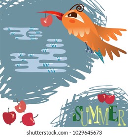 Card design with flying bird in the clouds. Summer fruits. Flat cartoon illustration. Vector EPS10 format.