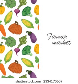 Card design with fresh organic vegetables. Veggie background for vegetarian farmer market. Backdrop with farm harvest. Colored flat vector illustration of healthy raw vitamin food with place for text
