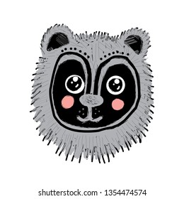 Card design funny bear dog cat face, Black white gray colors isolated on white background. simple sketch, Can be used for greeting card, copy space for your text. Vector