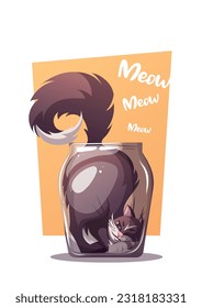 Card design with Funny cat in the glass jar. Pet, kitty, domestic life, animal concept. A4 Vector illustration for poster, card, postcard, cover.