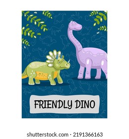 Card design with funny dinos. Creative postcard for children with text and colorful dinosaurs. Creatures and fossil reptiles concept. Template for promotional postcard or brochure