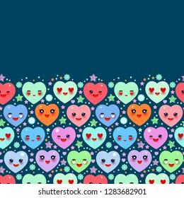 Card design with Funny Kawaii heart pink, yellow, lilac, orange, blue green, on cobalt blue background. Valentine's Day Card banner template. Vector illustration