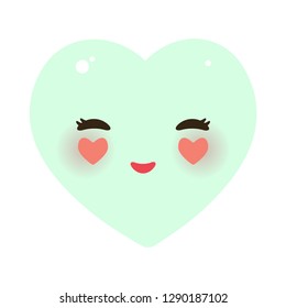 Card design with Funny Kawaii heart pink, green, isolated on white background. Valentine's Day Card banner template. Vector