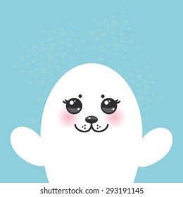 card design Funny white fur seal pups, cute seals with pink cheeks and big eyes. Kawaii animals albino on blue background. Vector
