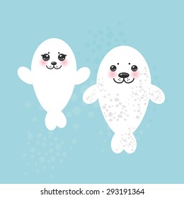 card design Funny white fur seal pups, cute seals with pink cheeks and big eyes. Kawaii albino animals on blue background. Vector