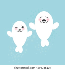 card design Funny white fur seal pups, cute winking seals with pink cheeks and big eyes. Kawaii albino animals on blue background. Vector