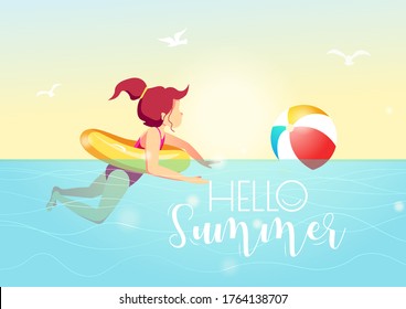 Card design with girl swimming in the sea with rubber ring and ball. Vector Illustration for Beach Holidays, Summer vacation, Leisure, Recreation, Nature, Childhood.
