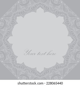 Card design. Grey abstract background with ornamental round pattern. Vector art