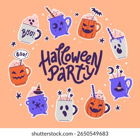 Card design for Halloween party with hand-drawn lettering and spooky mugs with different shape. Vector illustration collection of jack-o'-lantern, ghost and witch's cauldron cups. 