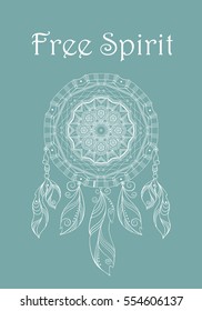 Card design. Hand drawn background with dreamcatcher. Decorative boho style element for design. Native american ethnic tribal talisman. Pattern for coloring book. Card design. Vector art
