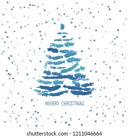 Card design with a hand drawn Christmas tree with snowflakes and Merry Christmas text.