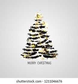Card design with a hand drawn Christmas tree with snowflakes and Merry Christmas text.