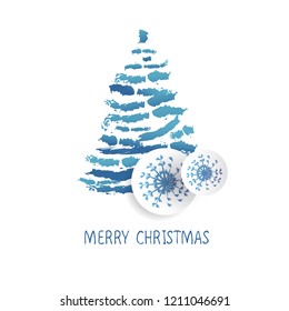 Card design with a hand drawn Christmas tree with snowflakes and Merry Christmas text.