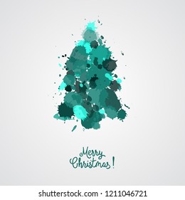 Card design with a hand drawn Christmas tree with snowflakes and Merry Christmas text. Immitation of watercolor blots