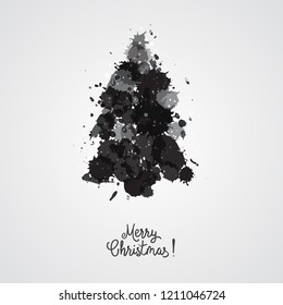 Card design with a hand drawn Christmas tree with snowflakes and Merry Christmas text. Immitation of watercolor blots