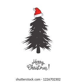 Card design with a hand drawn Christmas tree with snowflakes and Merry Christmas text. Santa's hat