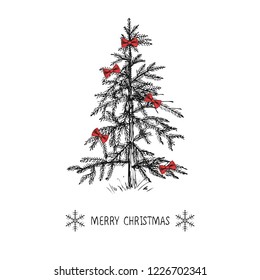 Card design with a hand drawn Christmas tree with snowflakes and Merry Christmas text. Christmas fir with a bow