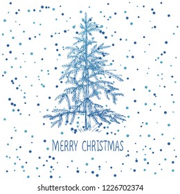 Card design with a hand drawn Christmas tree with snowflakes and Merry Christmas text.