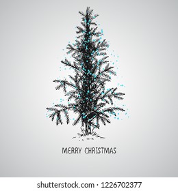 Card design with a hand drawn Christmas tree with snowflakes and Merry Christmas text.