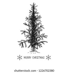 Card design with a hand drawn Christmas tree with snowflakes and Merry Christmas text.