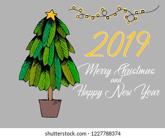 Card design with a hand drawn Christmas tree and Merry Christmas text.