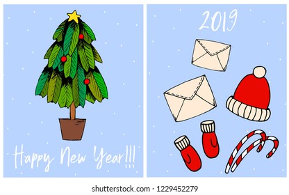 Card design with a hand drawn Christmas tree and Merry Christmas text.