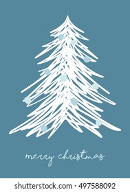 Card design with a hand drawn Christmas tree and Merry Christmas text.