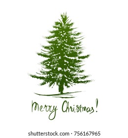 Card design with a hand drawn Christmas tree with snowflakes and Merry Christmas text.