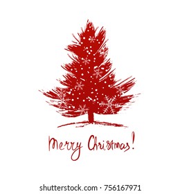 Card design with a hand drawn Christmas tree with snowflakes and Merry Christmas text.