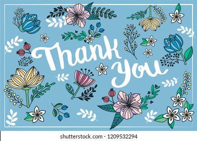 Card design with hand drawn flowers. Text Thank you. Bright colors 