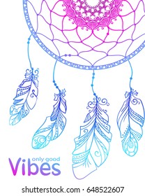 Card design with hand drawn talisman dream catcher and inspirational lettering only good vibes, Ethnic Boho template vector