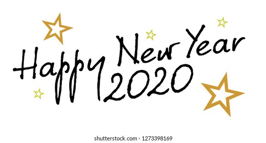 Card design with handwritten inscription 2020 plus golden stars and the inscription happy new year. EPS vector illustration 