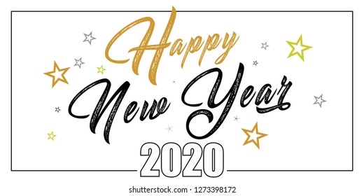 Card design with handwritten inscription 2020 plus golden stars and the inscription happy new year. EPS vector illustration 