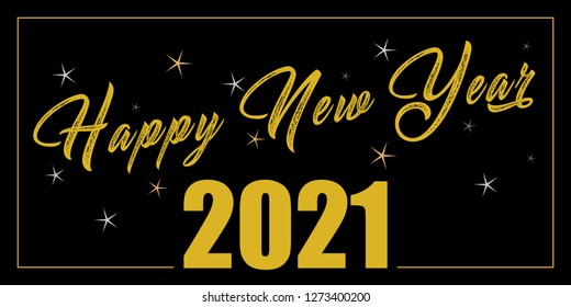 Card design with handwritten inscription 2021 plus golden stars and the inscription happy new year. EPS vector illustration