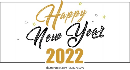 Card design with handwritten inscription 2022 plus golden stars and the inscription happy new year. EPS vector illustration 