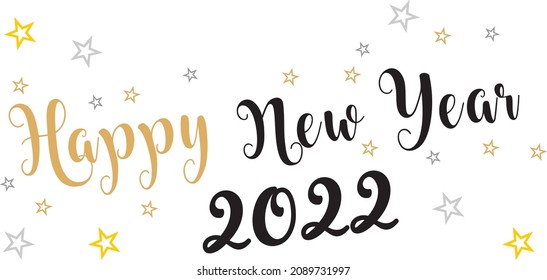 Card design with handwritten inscription 2022 plus golden stars and the inscription happy new year. EPS vector illustration 