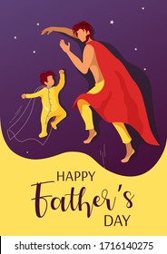 Card design for Happy Father's Day. Sleeping baby and dad with a red blanket as in a superhero cloak. A4 Vector illustration for poster, banner, card, postcard, cover, print.