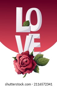 Card design for Happy Valentine's Day with rose and love lettering. Romance, Love, wedding concept. A4 vector illustration for poster, banner, card, cover, postcard.