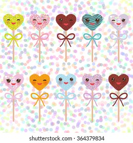  Card design with hearts Kawaii Colorful Sweet Cake pops with pink cheeks and winking eyes, Cake pops hearts set with bow isolated, pastel colors on white polka dot background. Vector