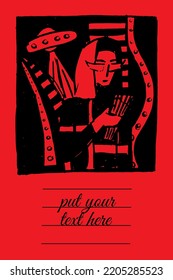 Card design with Illustration of a girl from the galaxy on red