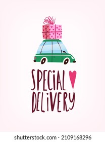 Card design image with car bringing valentine day gift on the hood. Isolated vector illustration