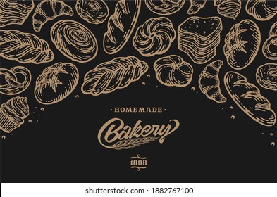 Card design with ink hand drawn baking illustration. Vintage template with bread and pastries doodle sketch. in dark background