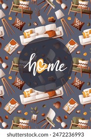 Card design with interior decor, cozy sofa, armchair, vases, pillows. "Home" handwritten lettering. Vector illustration for postcard, poster, card.