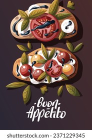 Card design with Italian bruschetta. Toasted bread with tomatoes, cheese, basil, balsamic vinegar. Italian food, healthy eating, cooking, recipes, restaurant menu concept. Vector illustration.